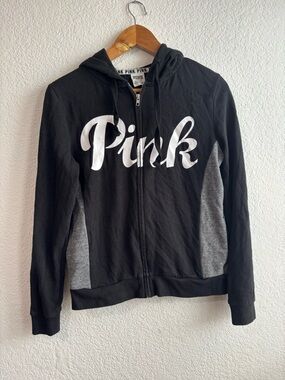 PINK Victoria's Secret Black Zip Hoodie White Logo Spell out Small